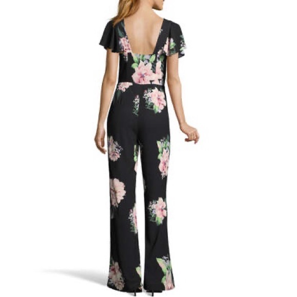 Roz & Ali Flutter Sleeve Floral Jumpsuit in Black/Pink Size 10 - Picture 3 of 5